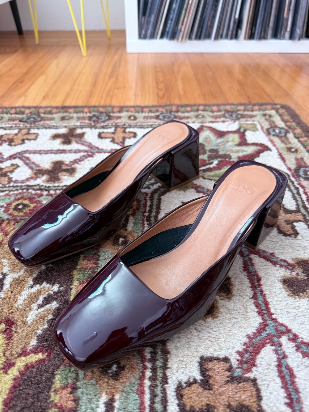 LOQ Vale Square Toe Patent Block Heel Mules in Burgundy